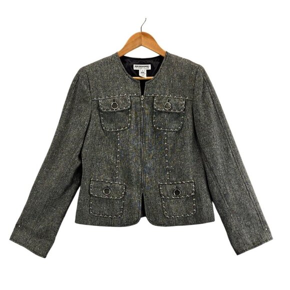 Mishca Jackets & Blazers - Vtg 90s Blazer Moto Gray Weave Multi Color Specs Silver Studs & Thread M Mishca